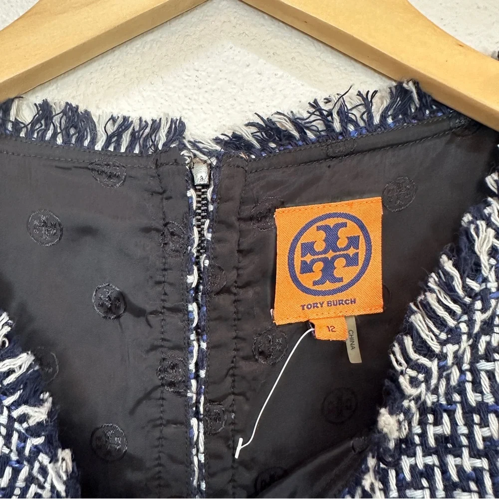Tory Burch Petula Dress Blue Tweed Sheath Sleeveless Fringe Women’s Sz 12 NWOT‎